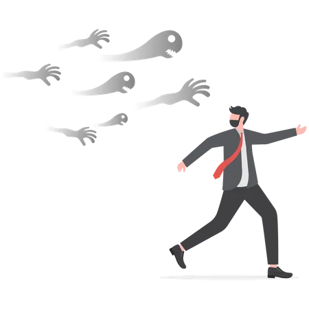 Businessman Running Away From Ghost Or Creepy Monster Hand Chasing Failure Anxiety Depression Or Panic Attack Afraid Business Failure Concept Vector Illustration