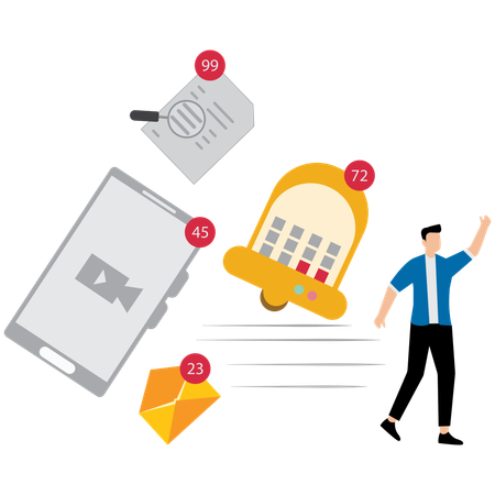 Businessman running away from ringing bell notifications  Illustration