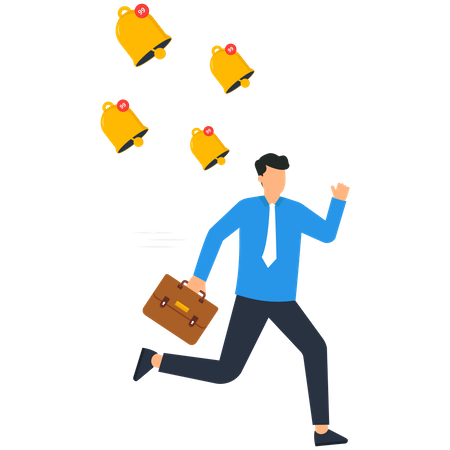Businessman running away from ringing bell notifications  Illustration