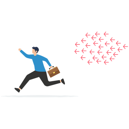 Businessman running away from the attacking arrow  Illustration
