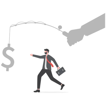 Businessman running catch a dollar placed on a hook  Illustration