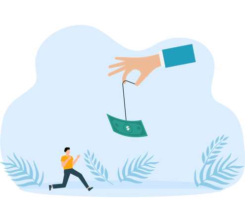Businessman running catches a dollar placed on hook  Illustration