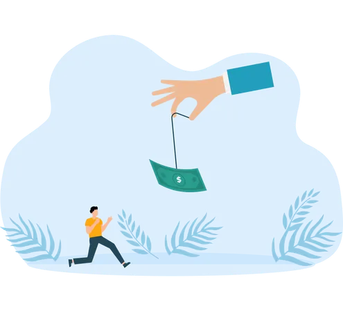 Businessman running catches a dollar placed on hook  Illustration