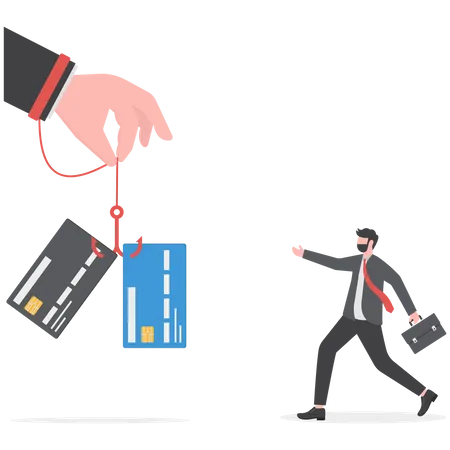 Financial Trap Businessmen Fall Credit Card Victim Trap In Hand Place For Bait Fishing Hook Holding In Hand Man Illustration
