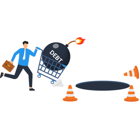 Businessman running from debt bomb towards a hole financial crisis  Illustration