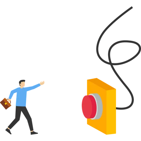 Businessman running in rush to push red emergency button  Illustration