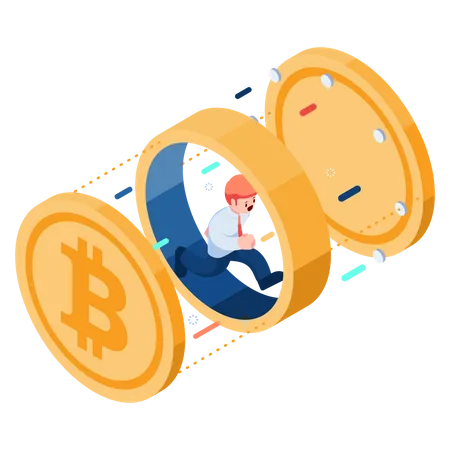 Flat 3 D Isometric Businessman Running Inside Bitcoin Bitcoin And Cryptocurrency Concept Illustration