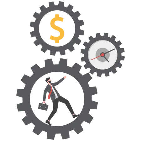 Businessman running inside gears of time and idea  Illustration
