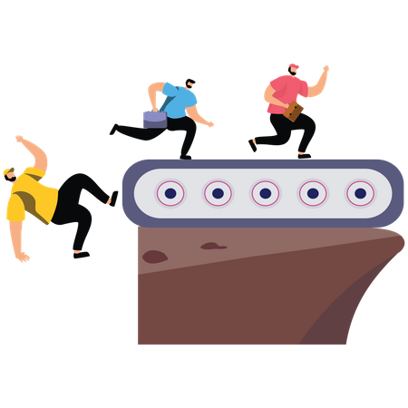 Businessman running on a conveyor belt on a cliff  Illustration