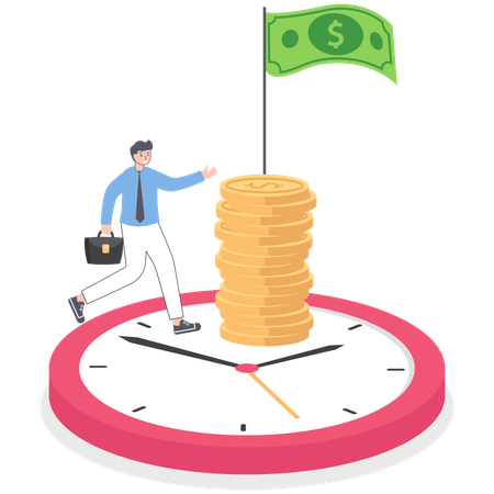 Businessman running on clock while getting long term investment return  Illustration