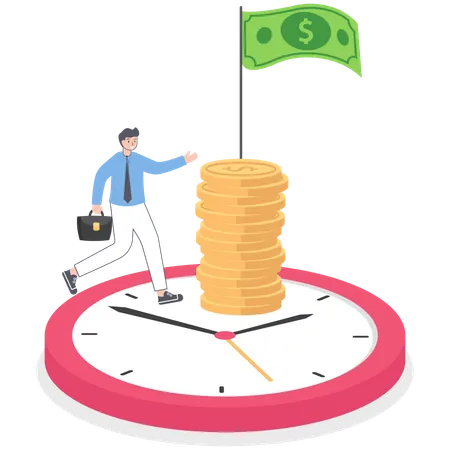 Businessman running on clock while getting long term investment return  Illustration