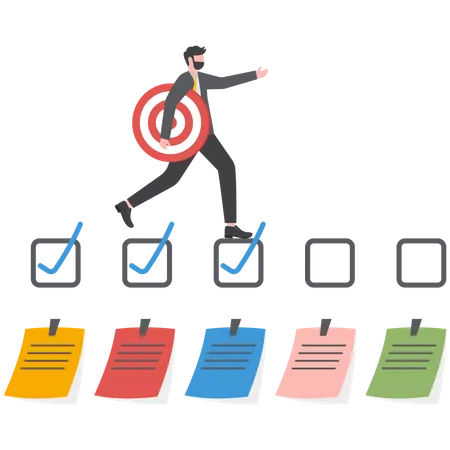 Businessman running on completed checkbox to reach goal  Illustration