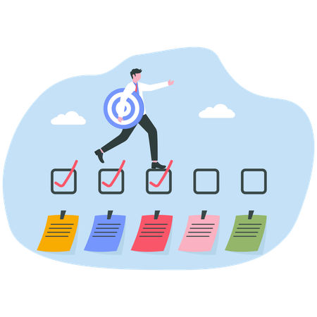 Businessman running on completed checkbox to reach goal  Illustration