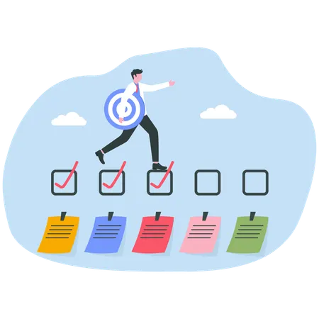 Businessman running on completed checkbox to reach goal  Illustration