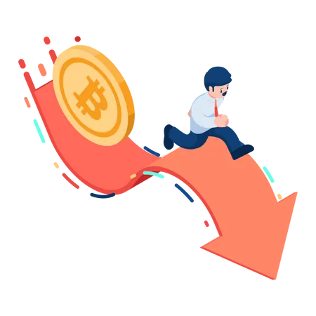 Flat 3 D Isometric Businessman Running On Fluctuated Market Chart With Bitcoin Bitcoin Volatility And Cryptocurrency Investment Concept Illustration