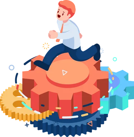 Flat 3 D Isometric Businessman Running On Gears Business Process Concept Illustration