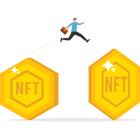 Businessman running on gold NFT Token arranged in a row  Illustration