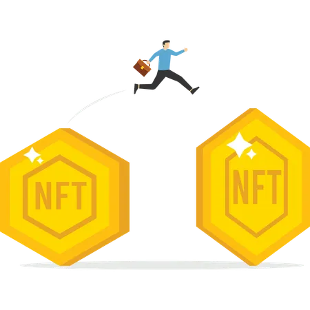 Businessman running on gold NFT Token arranged in a row  Illustration