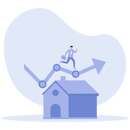 Businessman running on growth chart while rising housing prices and property growth  Illustration