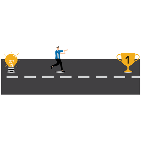 Businessman running on path from light bulb to trophy  Illustration