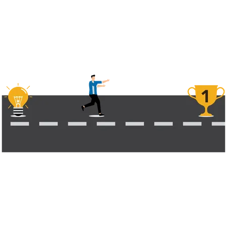 Businessman running on path from light bulb to trophy  Illustration