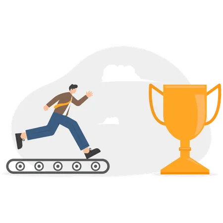 Businessman running on treadmill for achieving trophy  Illustration