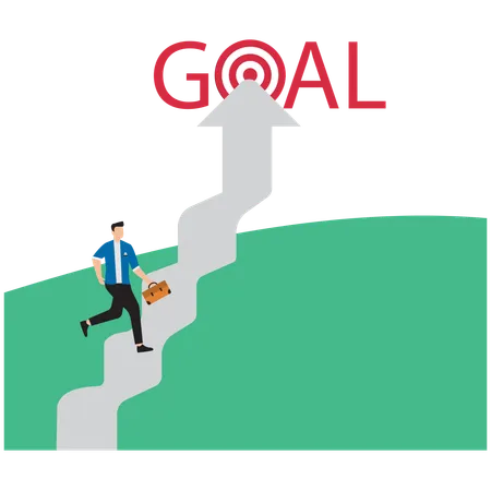 Businessman running on upward arrow into goal  Illustration