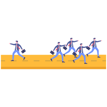 Businessman running opposite direction from business team  Illustration