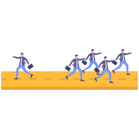 Businessman running opposite direction from business team  Illustration