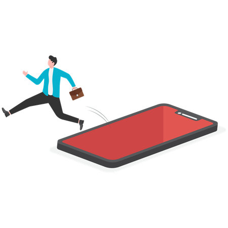Businessman running out from mobile  Illustration