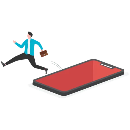 Businessman running out from mobile  Illustration