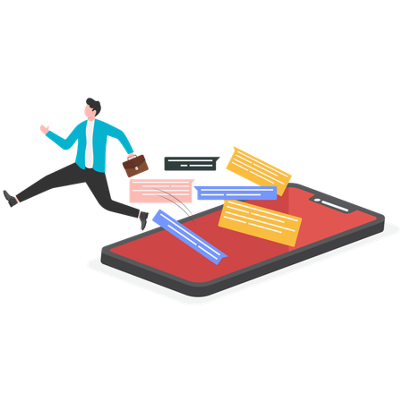 Businessman running out from mobile while doing social media chat  Illustration