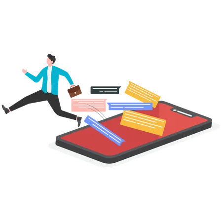 Businessman running out from mobile while doing social media chat  Illustration