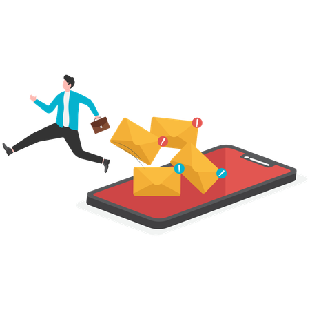 Businessman running out from mobile while getting business mail  Illustration