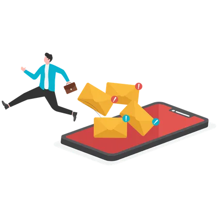 Businessman running out from mobile while getting business mail  Illustration