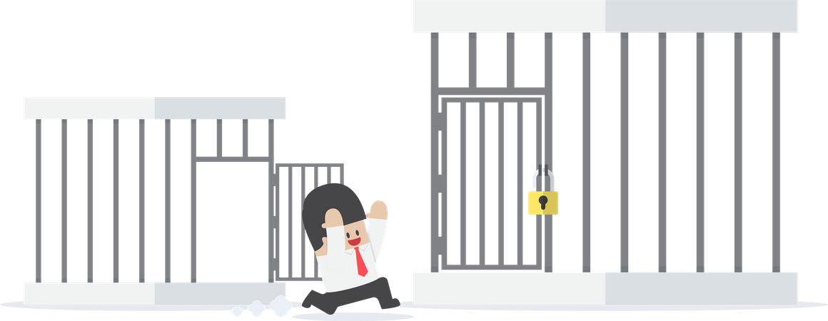 Businessman running out from small cage to the bigger cage  Illustration