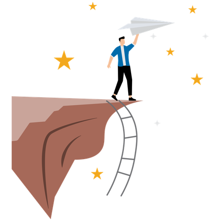 Businessman running over cliff with paper plane in raised hand  Illustration