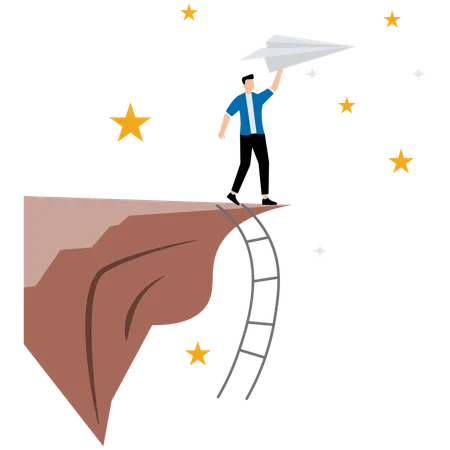 Businessman running over cliff with paper plane in raised hand  Illustration