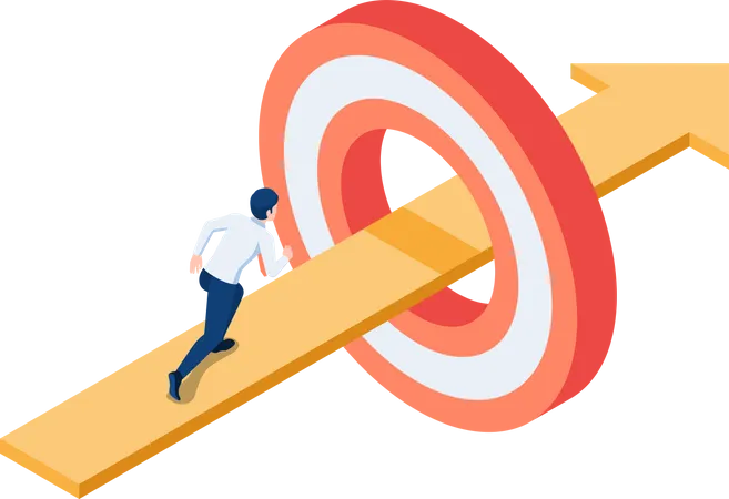 Flat 3 D Isometric Businessman Running On The Arrow Piercing Through Target Business Goal And Success Target Concept Illustration