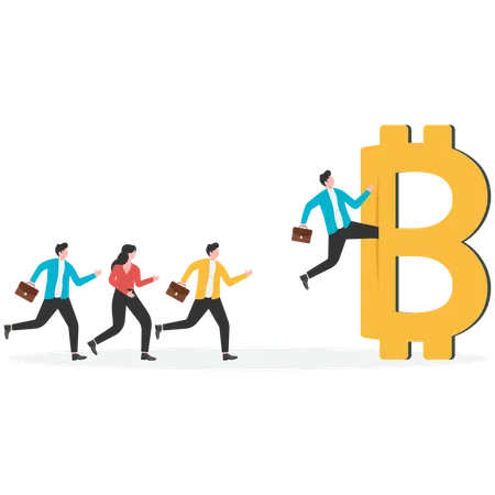 Businessman running towards bitcoin  Illustration