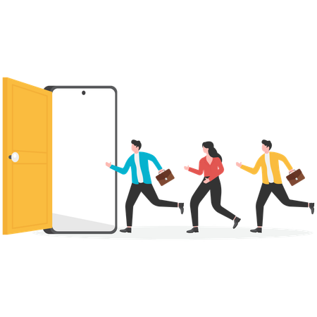 Businessman running towards smartphone with keyhole on its screen  Illustration