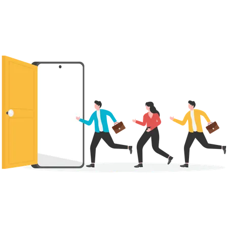 Businessman running towards smartphone with keyhole on its screen  Illustration