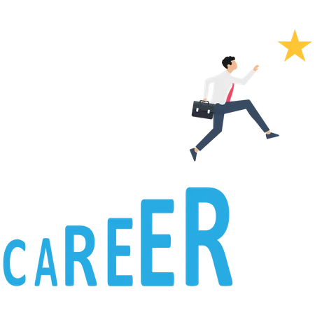 Businessman running up career stair and jump to gold star  Illustration