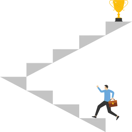Businessman running up ladder to receive a trophy of success  Illustration