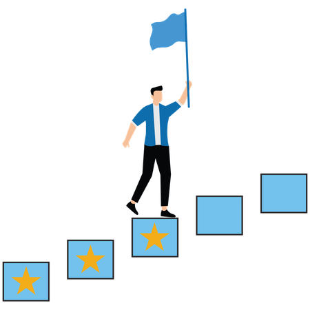 Businessman running up stairs of achievement while carrying flag  Illustration