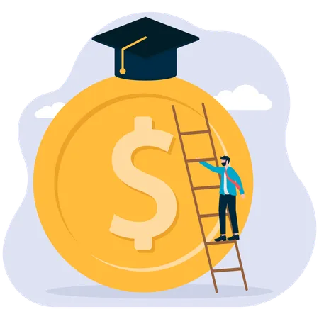 Businessman running up the stairs made of rolled money towards the graduation cap  Illustration