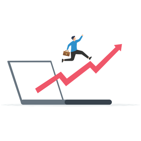 Businessman running up with stock market index  イラスト