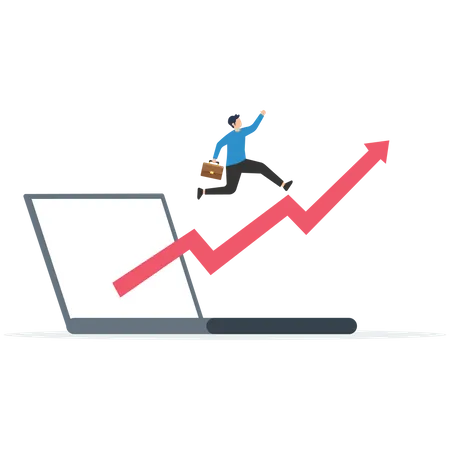 Businessman running up with stock market index  イラスト