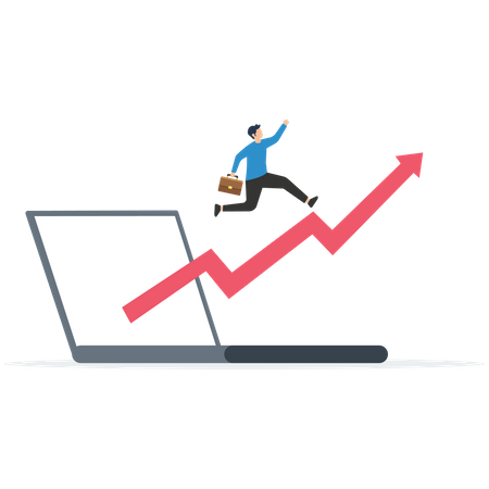 Businessman running up with stock market index  Illustration