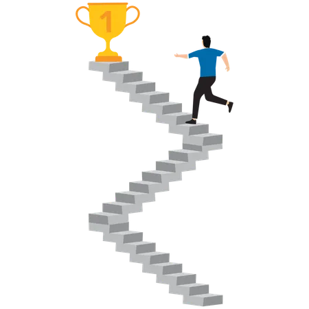 Businessman running upstairs to achieve trophy  Illustration